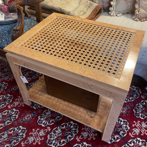 burlwood side table with caned top
