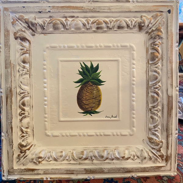 signed painted pineapple on metal panel