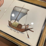 ceramic tile small tray with metal handles wood framed ship motif