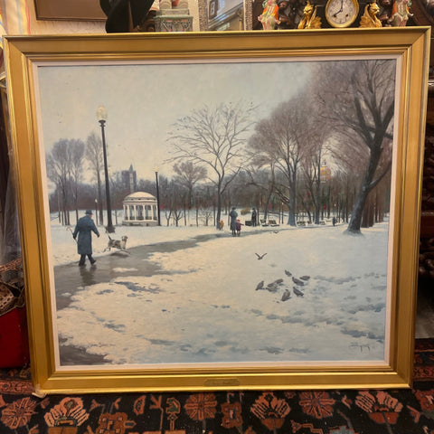 large Thomas Wagner winter scene painting of Boston Commons
