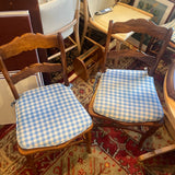 set of 6  French country chairs with blue and white checked seat cushions