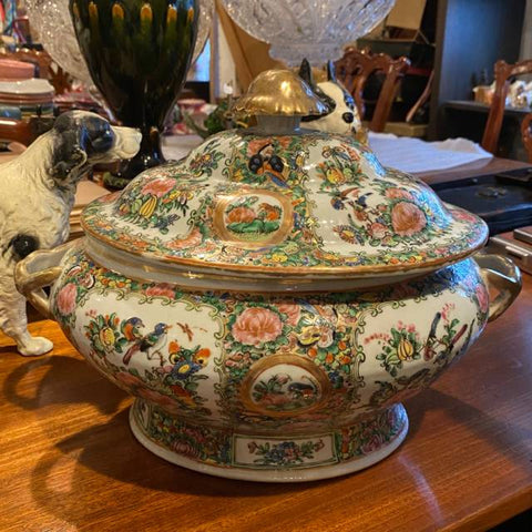 Rose Medallion Covered Tureen with Gold Handles