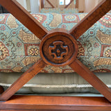 Regency style wood bench with high sides and cushions