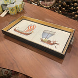 ceramic tile small tray with metal handles wood framed ship motif