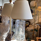 Pair Ralph Lauren glass lamps with adjustable harps and white shades