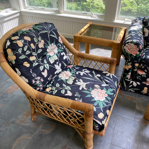 Gorgeous 6 piece rattan set with black floral upholstery