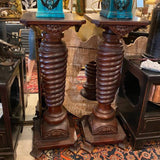 Pair of Carved Wood Spiral Pedestals with Carved Heads on Apron