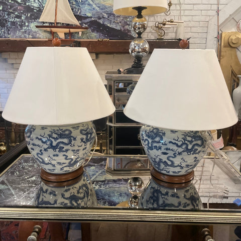 Ralph Lauren blue and white dragon lamps