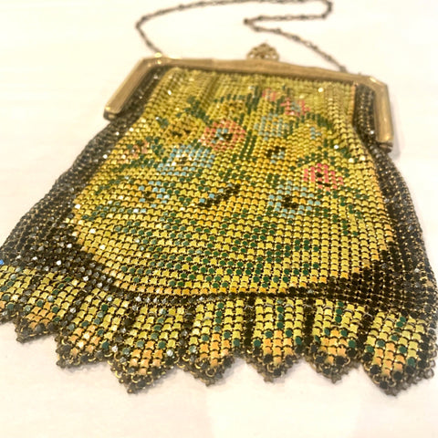 vintage metal mesh purse with floral motif