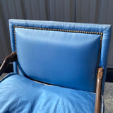 Pair of Carved Framed Blue Satin Down Cushion Arm Chairs