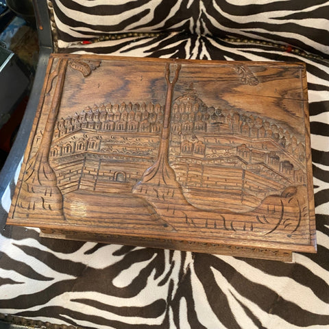 carved antique wood box with hinged top