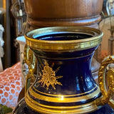 Pair of Cobalt Blue Sevres Urns with Tops and Metal Mounts