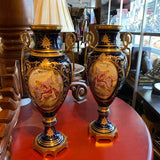 Pair of Cobalt Blue Sevres Urns with Tops and Metal Mounts