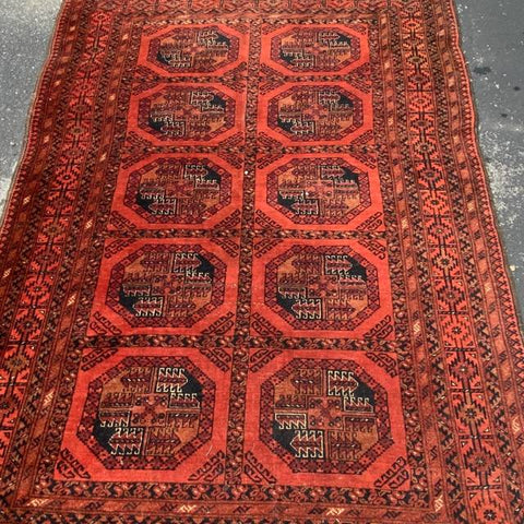 Red Persian Rug with 10 Hexagon Medallions in Center 4'2" x 6'4"