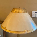 Pair of Gilt Fluted Wood Column Lamps with Detailed Silk Shades