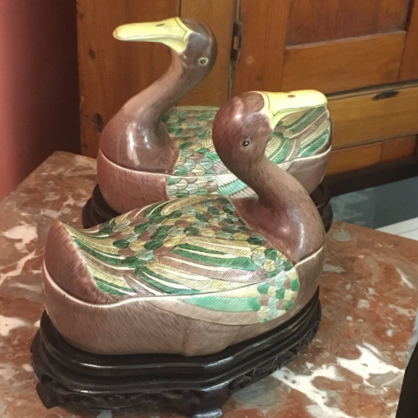 Pair of Chinese Ducks on Wood Bases