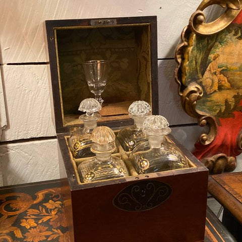 Banded Inlaid Tantalus Box with 4 Glass Decanters