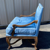 Pair of Carved Framed Blue Satin Down Cushion Arm Chairs